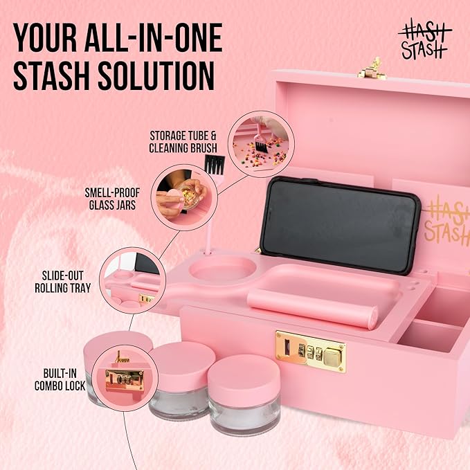 HASHSTASH The OG Storage Box - Large Bamboo Box with Combination Lock, Magnetic Lid, Organizer Tray, Tube, Brush and 3 Jars - Discreet Decorative Stash Storage Lock Box with Accessories (Pink/Gold)