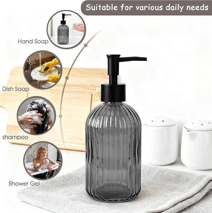 Gray Glass Soap Dispenser Set with Black Pump, 13.5oz Refillable Liquid Hand Soap Dispenser for Liquid, Shower Gel, Bathroom, Kitchen, Vanity Countertop, Laundry Room & Home Decor (2 Pack)