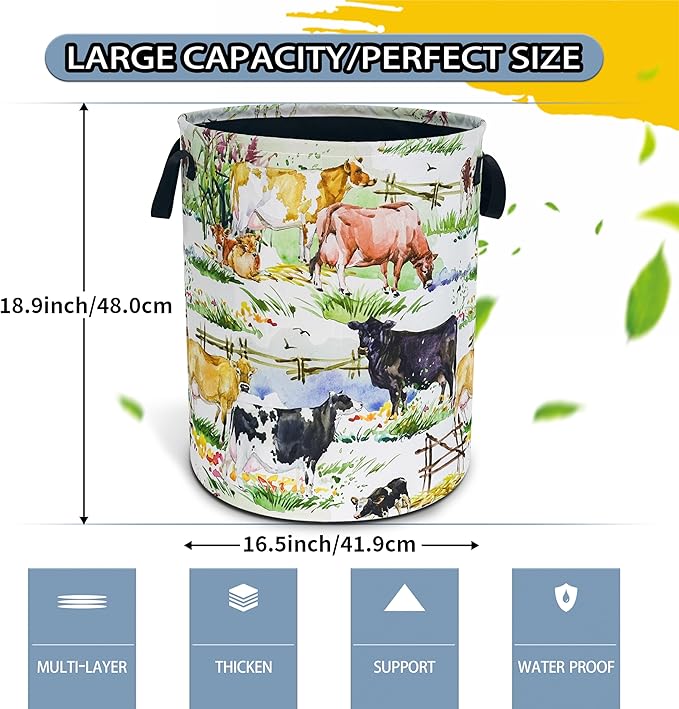 Cow Laundry Basket Farm Animals Foldable Waterproof Oxford Cloth Funny Tote Bag Laundry Hamper Clothes Storage Bucket Toy Organizer For Bathroom/Laundry Storage/Bedroom 18.9x16.5 Inch