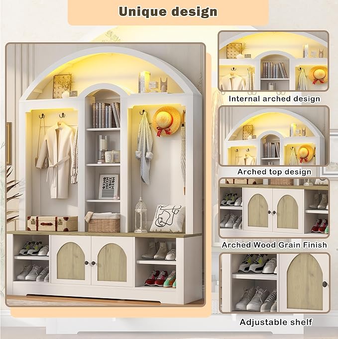 77''H Hall Tree with Curved Design, Multi-functional Coat Rack with Shoe Racks, Clothes Hangers, Hooks, Double-Layer Storage Cabinets and Open Storage Space for Hallway, Living Room (White+Walnut)