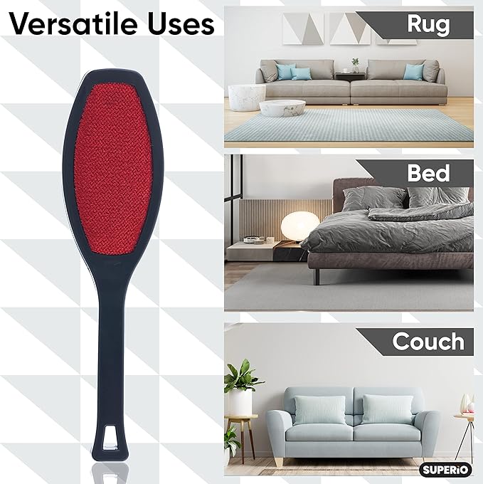 Superio Suede Lint Brush Magic Remover for Clothes, Double Sided Garment Brush, Soft Bristles, Portable Trap Tool Removes Pet Hair, Dust from Carpet, Hats, Wool Suit, Suede Couch, 12
