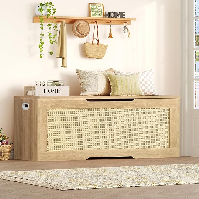 usikey 47.2" Large Storage Chest with Fabric Drawer, Toy Box with Safety Hinges, Extra Wide Storage Bench for Bedroom, Living Room, Entryway, Supports 300 lb