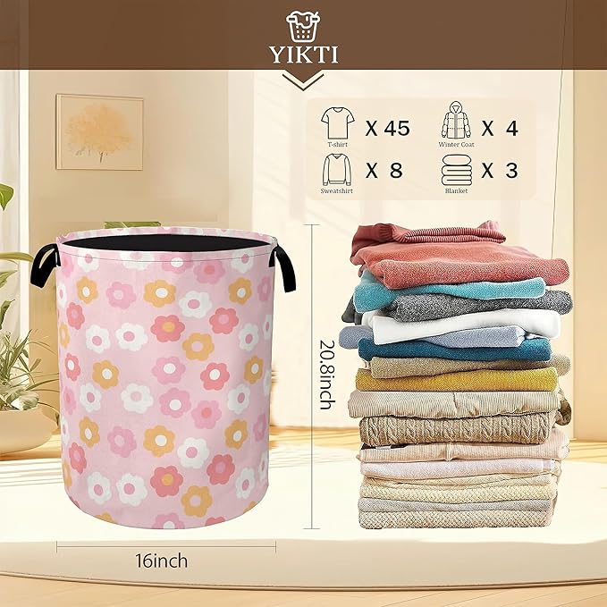 60s Groovy Flowers Laundry Basket,Pink Floral Clothes Hamper,Oxford Cloth Collapsible Nursery Hamper Storage Organization for Bedroom,Bathroom,Office,College Dorms,16x20 Inch