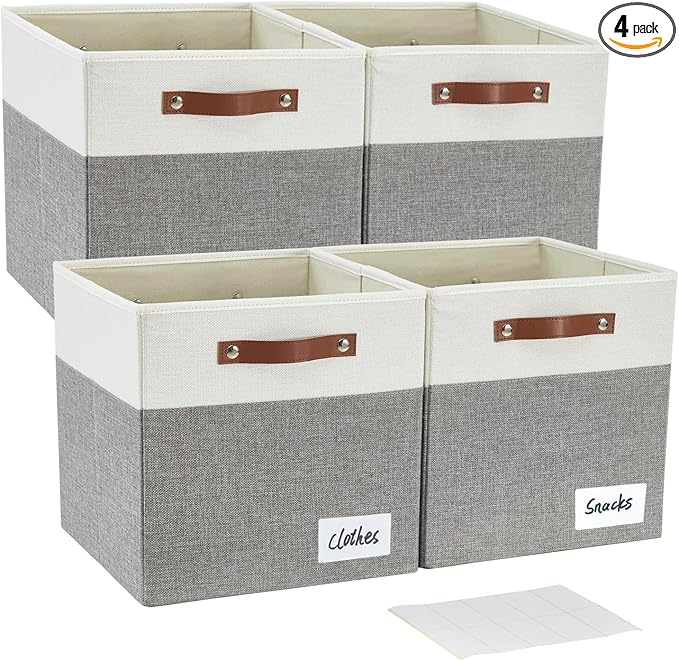 13x15x13 Storage Cube Bins, Foldable Storage Organizer Baskets, Fabric Cube Storage Boxes with 2 Reinforced PU Handles for Kallax, Shelves, Living Room | 4 Pack, Gray & White