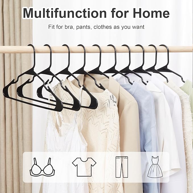 VECELO 100 Pack Plastic Hangers-Clothes Hangers Set with Shoulder Grooves for Closet Space Saving-Heavy Duty Coat Hanger,Black