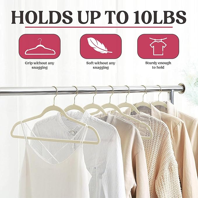 LDC Ivory Velvet Hangers 50 Pack - Premium Non-Slip Clothes Coat Pants Felt Hanger for Closet - Heavy Duty Space Saving 360° Swivel Hook Hangars - Ivory