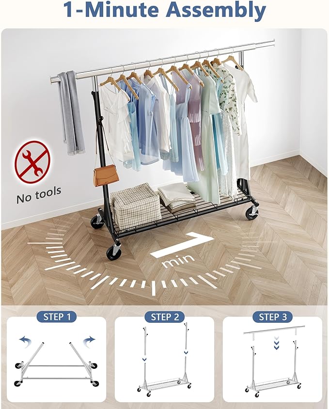 Hoctieon 1-Minute Assembly Clothes Rack, 480 lbs Heavy Duty Rolling Clothing Racks with Wheels, Foldable Garment Rack, Extendable Hanging Bar, Adjustable Metal Pole with Hooks, Black