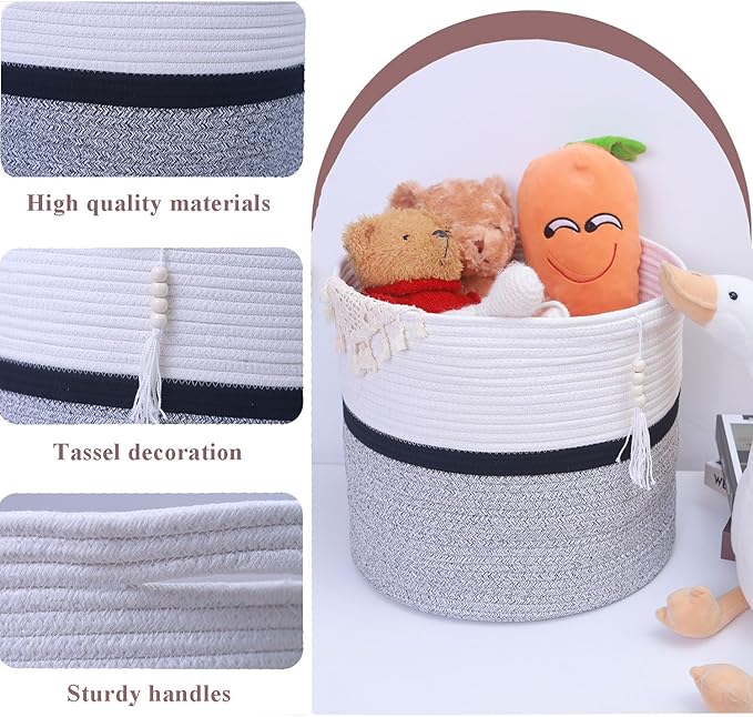Cotton Rope Storage Bin,Natural Handmade Woven Hamper for Living Room,Blanket Basket for Clothes, Pillows, Towels (black, 55L)