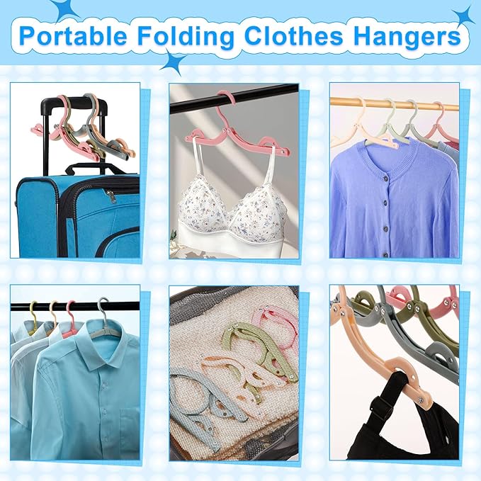 20 Pcs Travel Hangers Foldable Hangers, Portable Folding Clothes Hanger, Lightweight Folding Hanger Travel Accessories for Home School, 4 Colors with Clothesline