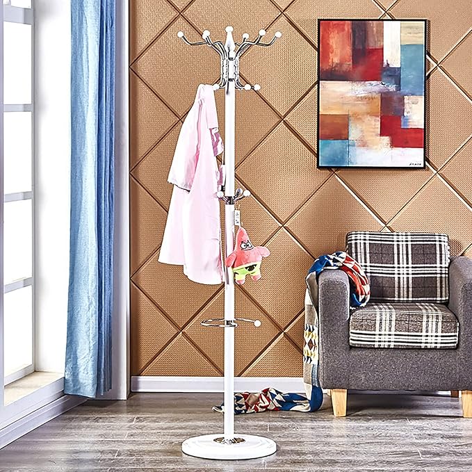 69" Entryway standing Coat Rack Stand Coat Hanger White Satin Steel Finish Stable Marble Base with 16 Hooks, High-Grade Metal Tree Hat Stand Floor Standing Wall Bedroom Hall Organizer Storage