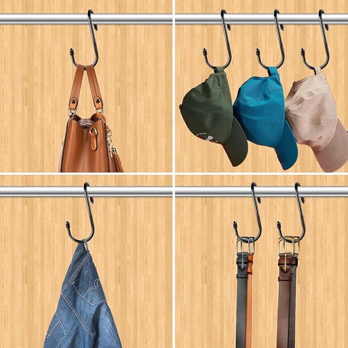 24 Pack Purse Hanger for Closet, Twist Design Hooks, Vinyl Coated Organizer, Large S Hooks for Hanging Bags, Purses, Handbags, Belts, Scarves, Hats, Black