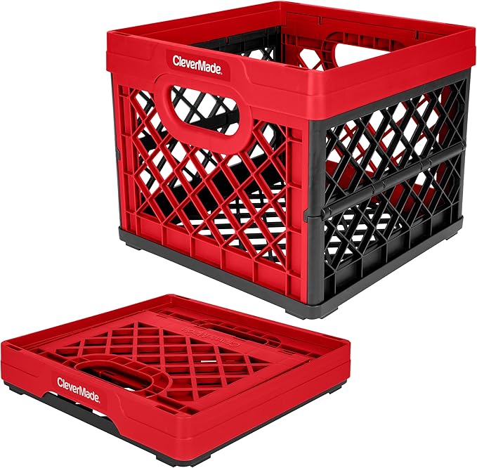 CleverMade Collapsible Milk Crate 25L (6.6 Gal), 50 lb Heavy Duty Folding Crate – Stackable Storage Crates with File Rails, Plastic Collapsible Crates for Storage - Red
