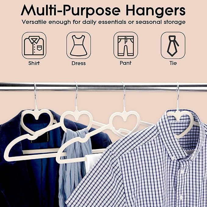Velvet Clothes Hangers 20 Pack – 16" Non-Slip Slim ABS Hangers with 360° Swivel Hook and Heart Accent, Dry Use for Shirts, Dresses, Pants, Ties – Ivory