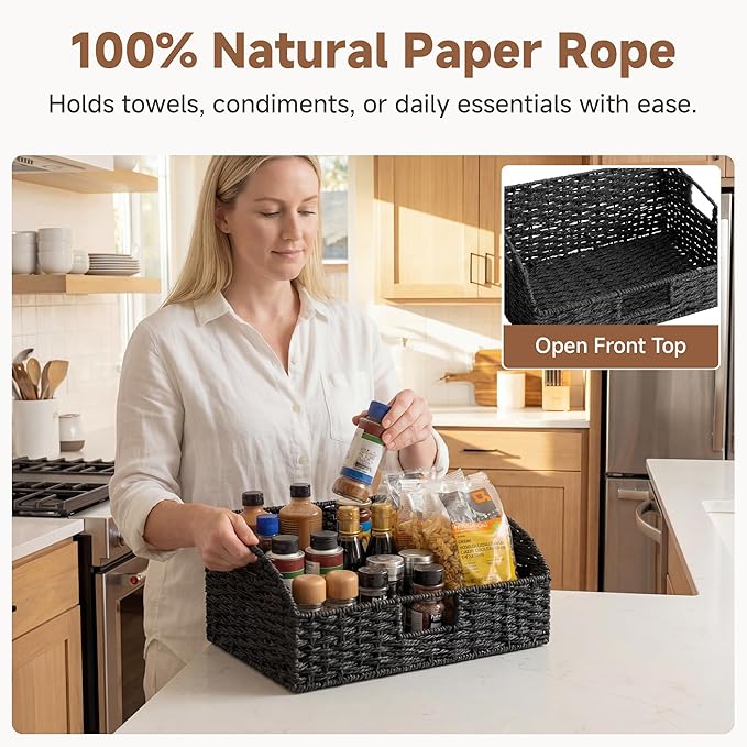 StorageWorks Wicker Baskets with Handles, Pantry Organizers and Storage, Paper Rope Pantry Baskets for Shelves, Black，2-Pack