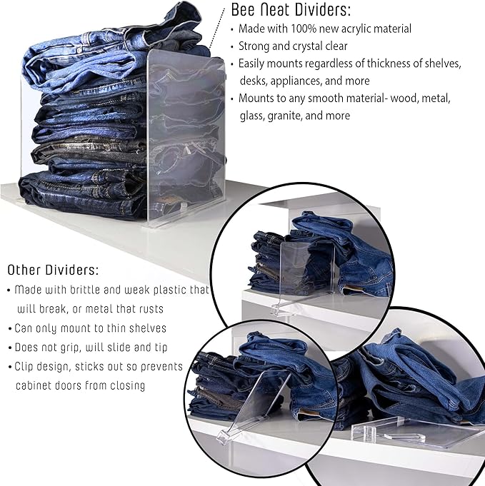 Bee Neat Closet Organization with Acrylic Clear Shelf Dividers - Closet Shelf Organizer for Clothes, Towels, Sweaters, Purses, and Books - Shelf Separators - 4 Pack (8" Tall 11 ⅝" Deep)