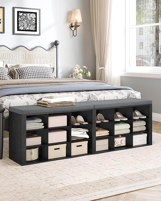 Shoe Storage Bench with Cushion, Entryway Storage Bench with 18 Cubbies, 9.5" Widened Organizer Cabinet, Long Cubby Rack for Living Room, Bedroom, Entryway, Black SB25704GY