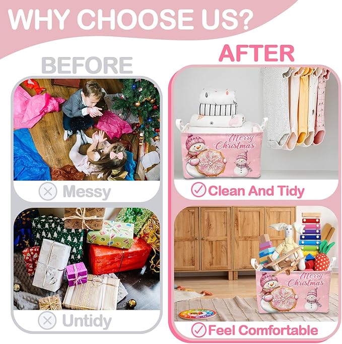 1 Pcs Pink Christmas Theme Storage Basket, Merry Christmas Storage Boxes, Foldable Snowman Decor Storage Boxes, for Family Bedroom Toy Clothing Storage, Xmas Party Decor Gifts