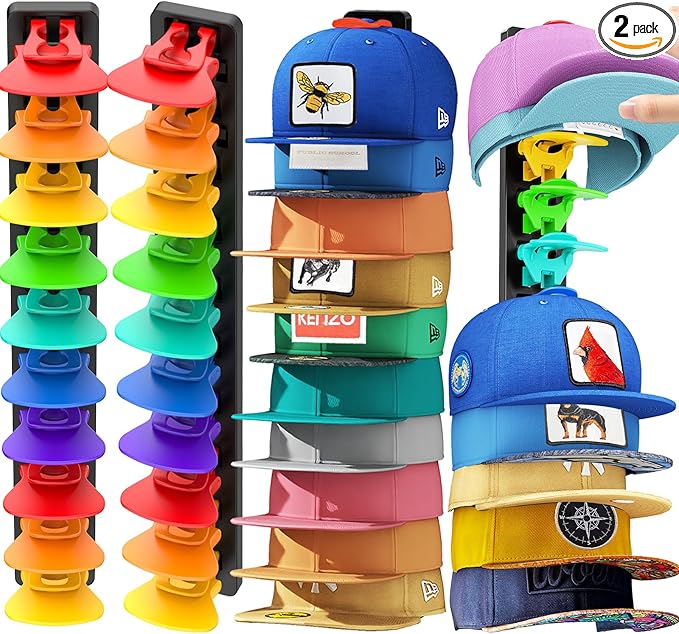 Hat Organizer for Baseball Caps 2 Pack, Adhesive Hat Rack for Wall,Baseball Cap Organizer(Rainbow)