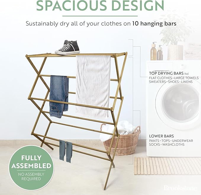 BROOKSTONE, Eco-Friendly Bamboo Drying Rack, Collapsible Laundry Clothes Hanger, 10 Hanging Bars, Minimalist Space Saving Design