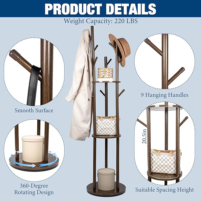 Solid Wood Rotary Coat Rack, Freestanding Coat Rack with 3 Shelves and 9 Hooks, Coat tree for Bedroom, Entryway, Livingroom, Coat Hanger Stand for Coats, Scarves, Handbags (Walnut)