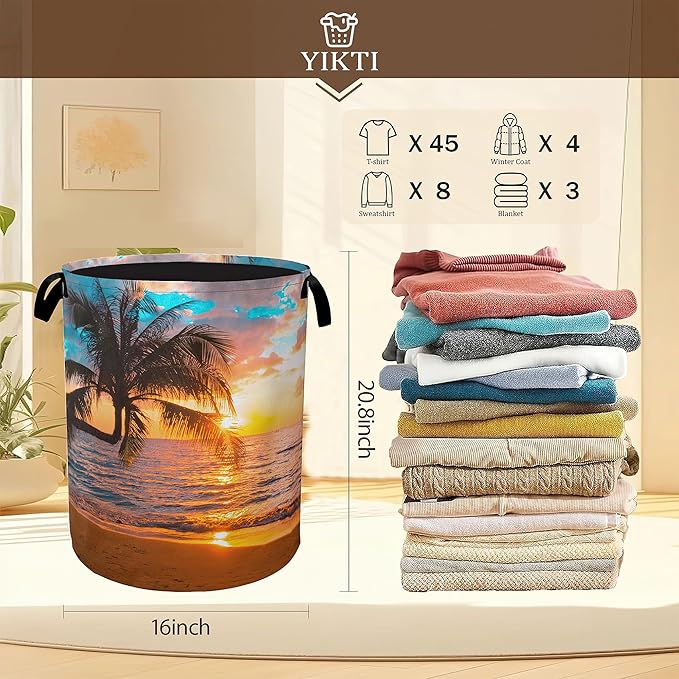 Tropical Palm Tree Laundry Hamper,Summer Beach Sunset Clothes Hamper for Laundry,Waterproof Oxford Toy Storage Collapsible Hampers for Bedroom, Dorm Room,Bathroom,16x20 Inch