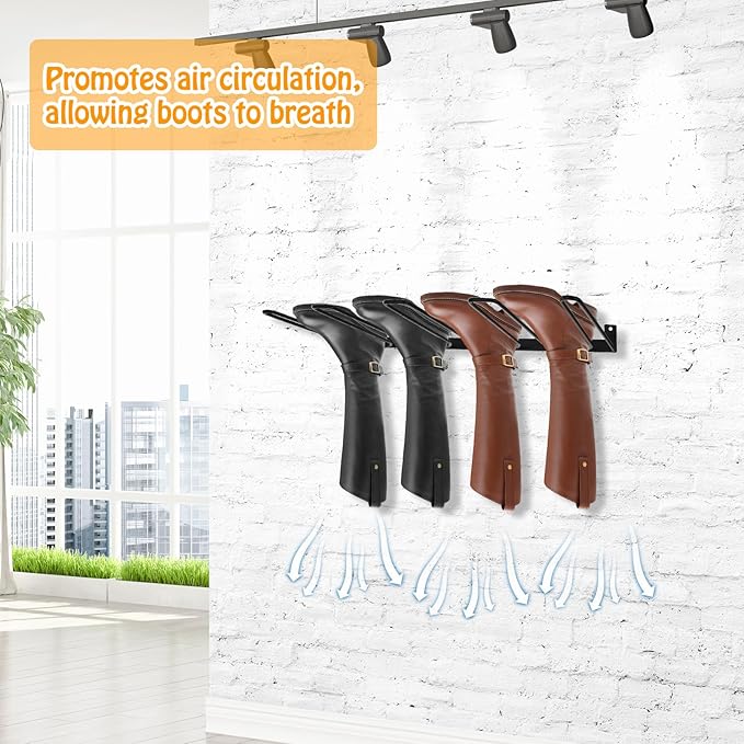 4 Pack Boot Rack Wader Hangers Wall Mount Holds 8 Pairs, Organizer Hanging Metal Tall Holder for Cowboy Garage Storage Closet Entryway Outdoor Drying, Black