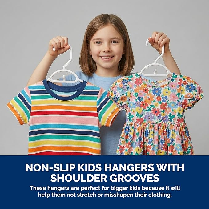 Youth Hangers 30 Pack - 13 Inch Plastic Youth Petite & Childrens Hangers for Closet, Baby Hangers for Children Clothes Sizes 4 to 10, Non-Slip Infant Hangers with Shoulder Grooves | Pink