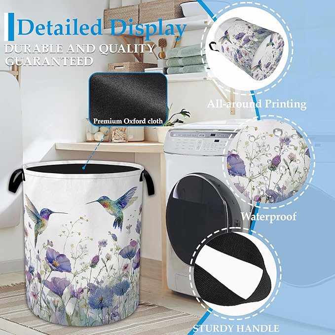 Hummingbird Flowers Laundry Basket Collapsible Laundry Hamper Clothes Toy Storage Bin for Bathroom Bedroom Room Decor 16" X 20.8"