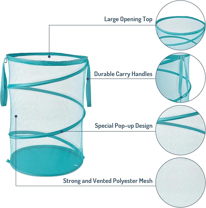 Seiritex Mesh Popup Laundry Hamper 115L Collapsible Laundry Basket No Lid Extra Large Capacity Foldable Clothing Storage Basket with Handles 26 H x 18 W x 18 L (Turquoise Blue)