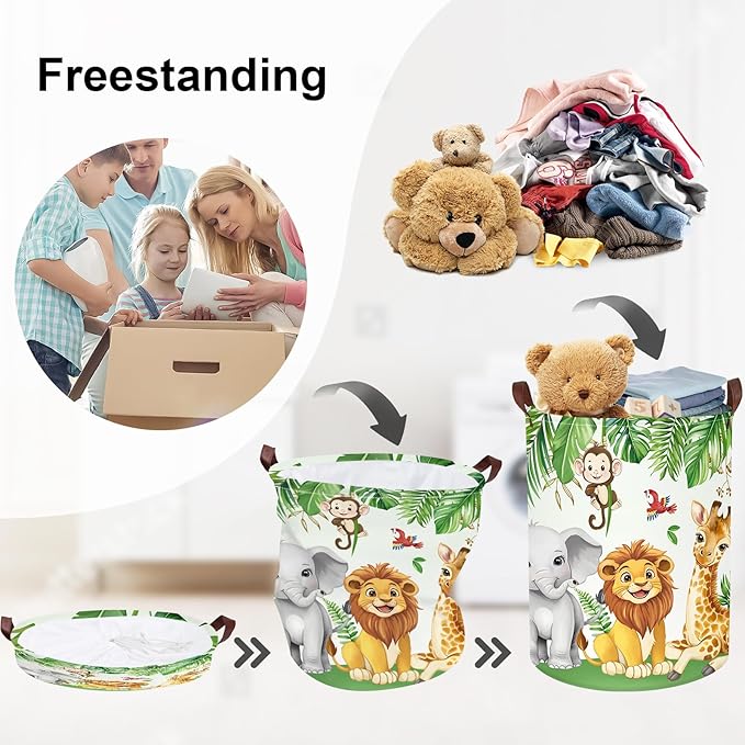 Jungle Animals Laundry Hamper Large Storage Basket Cartoon Wild Zoo Collapsible Parents Organizer Kids Toy Clothes Bins for Bedroom, Bathroom, Lion, 63L