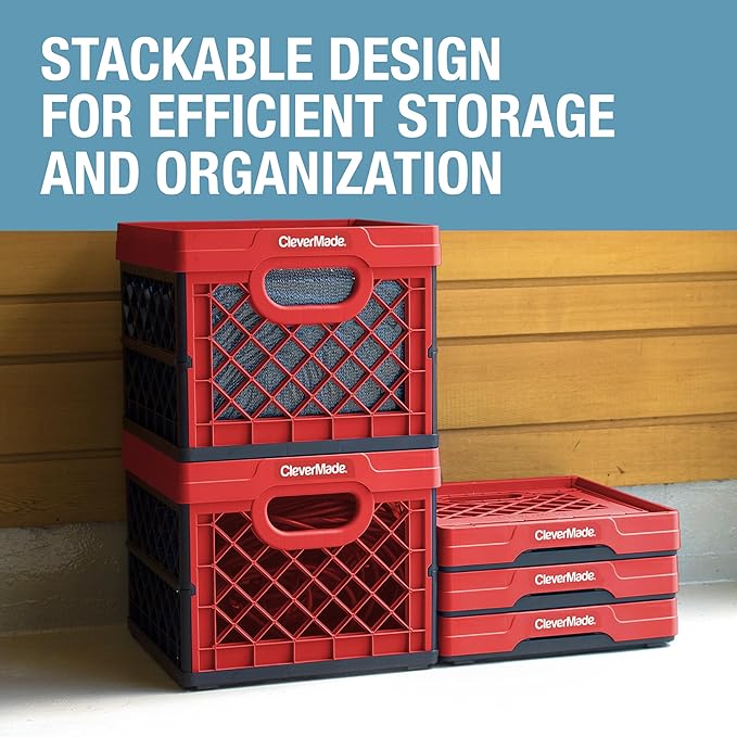 CleverMade Collapsible Milk Crate 25L (6.6 Gal), 50 lb Heavy Duty Folding Crate – Stackable Storage Crates with File Rails, Plastic Collapsible Crates for Storage - Red