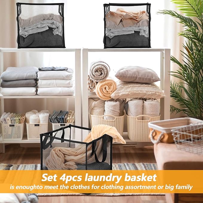 4 Pack Popup Laundry Hamper 13 Inch Collapsible Laundry Baskets with Handles Mesh Clothes Baskets Portable Single Layer Foldable Clothes Hamper Square Bin for Washing, Toy Storage(Black)