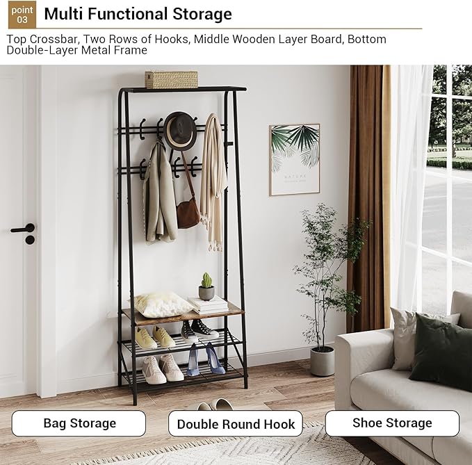 Coat Rack Shoe Bench with Double-Row 10 Hooks 60cm Width, 3-Tier Shelf Entryway Hall Tree with Storage, Metal Frame Multifunctional Organizer, 4-in-1 Coat Rack for Bathroom, Hallway.Brown.