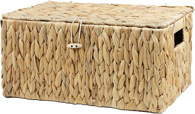 Large Wicker Basket with Lid, Rectangular Water Hyacinth Storage Baskets for Organizing, Woven Basket for Storage, Decorative Boxes Bins with Lids Home Organizer Decor
