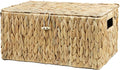 Large Wicker Basket with Lid, Rectangular Water Hyacinth Storage Baskets for Organizing, Woven Basket for Storage, Decorative Boxes Bins with Lids Home Organizer Decor
