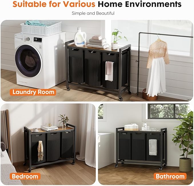 NEWBULIG Rolling Laundry Hamper with Removable Pull-Out Bag, Freestanding Clothes Basket Organizer with Wheels for Bathroom & Bedroom, 3 × 10.8 Gal (123L) - Rustic Brown & Black