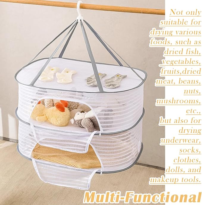 Foldable Drying Rack Basket Dryer Net Hanging Mesh Net with Zippers for Fruits,Seeds,Vegetables,Fish or Clothes,Doll (2 Layer)
