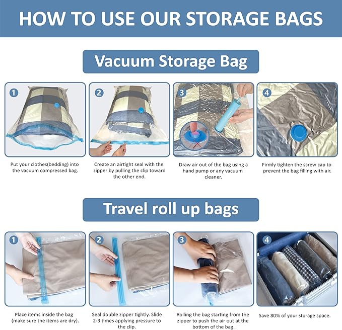 12 Pack Space Saver Bags (2 Jumbo/2 Large/2 Medium/2 Small/4 Roll) Compression Storage Bags for Comforters and Blankets, Vacuum Sealer Bags for Clothes Storage, Hand Pump Included