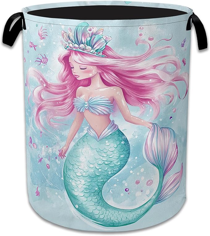 Cartoon Mermaid Laundry Basket Collapsible Laundry Hamper Clothes Toy Storage Bin for Bathroom Bedroom Room Decor 16" X 20.8"