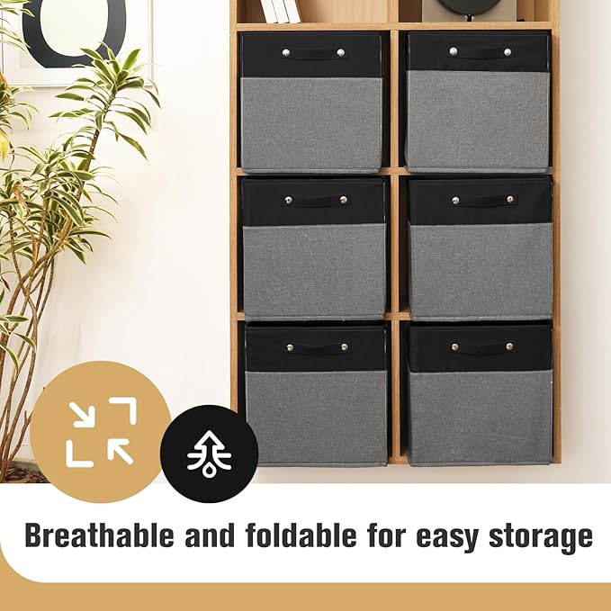 13 x 13 Inch Fine Linen Storage Bins with Handles，Fabric Cube Boxs，Basket Organizers for Shelves for Home, Closet Drawers (Black/Gray-6 Pack)