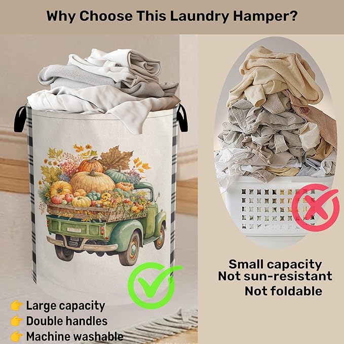 Fall Pumpkin Truck Large Clothes Hamper Bag - Laundry Basket with Handles, Space Saving Foldable Design for Nursery