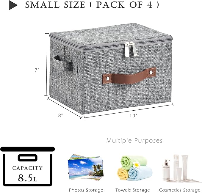 4 Pack Storage Bins with Zipper Lid Cotton Linen Fabric Lidded Storage Baskets Boxes Foldable Washable Closet Shelf Clothes Organizer Container with PU Leather Handles (Gray, Small)