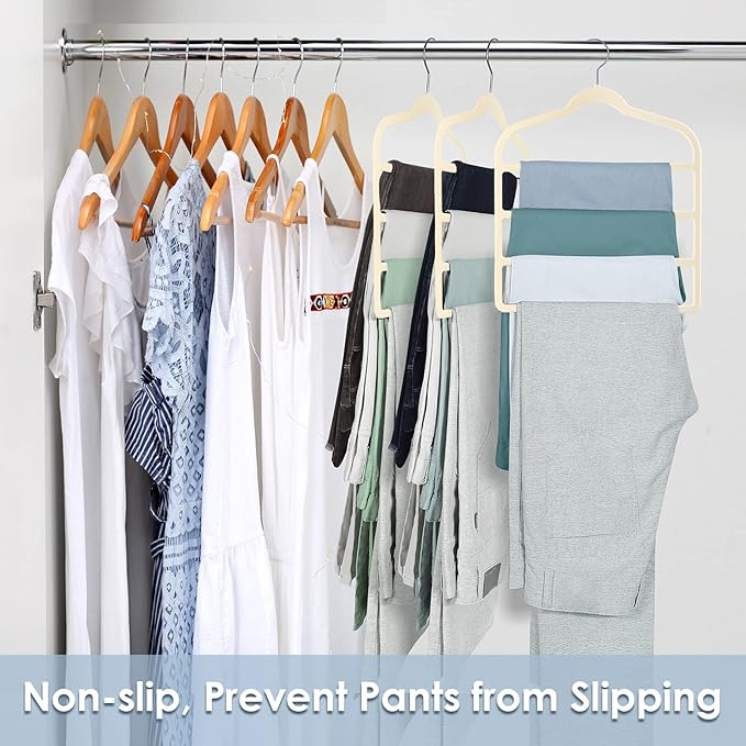 Velvet Hangers Space Saving Non Slip Pant Velvet Hangers, DUDUCOFU 4 Pack Beige Multi Layer Clothes Hangers Closet Organizer for Pants Trousers Scarf