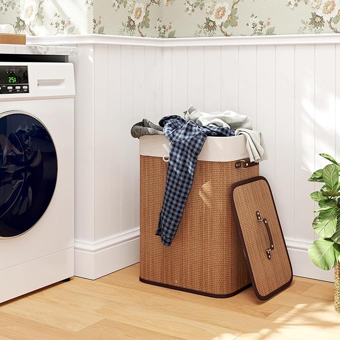 Giantex Bamboo Laundry Hamper with Lid, 72L Large & Tall Clothes Hamper with Removable Liner & Handles, Rectangular Laundry Basket for Small Spaces, Laundry Room, Bedroom