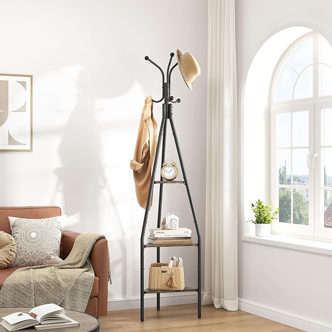 Hoctieon 3-Tier Coat Rack Freestanding with Shelves, Industrial Coat Stand with Storage, Mordern Coat Tree Free Standing for Clothes, Hats, Bags, Grey