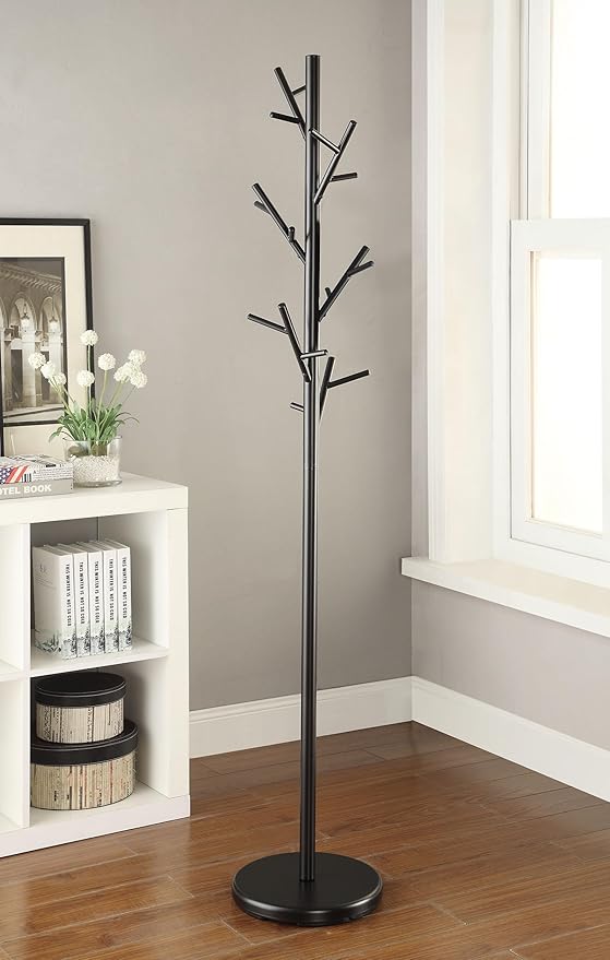 Pemberly Row Contemporary Metal Coat Rack, Black Finish, Twig Style with Round Base, 69.25 in Height, 18 Hooks for Coats and Accessories, Indoor Use for Entryway or Living Room