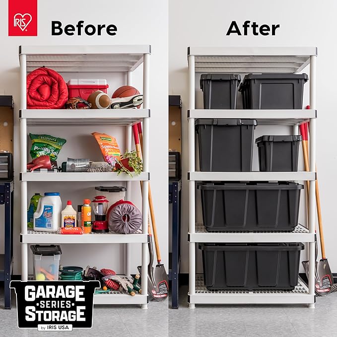 IRIS USA 20 Gallon Heavy Duty Storage Totes with Easy-Grip Handles, 4 Pack - Large Bins with Lids Garage Organizing Tubs, Durable Stackable Utility Containers, Made in USA - Black