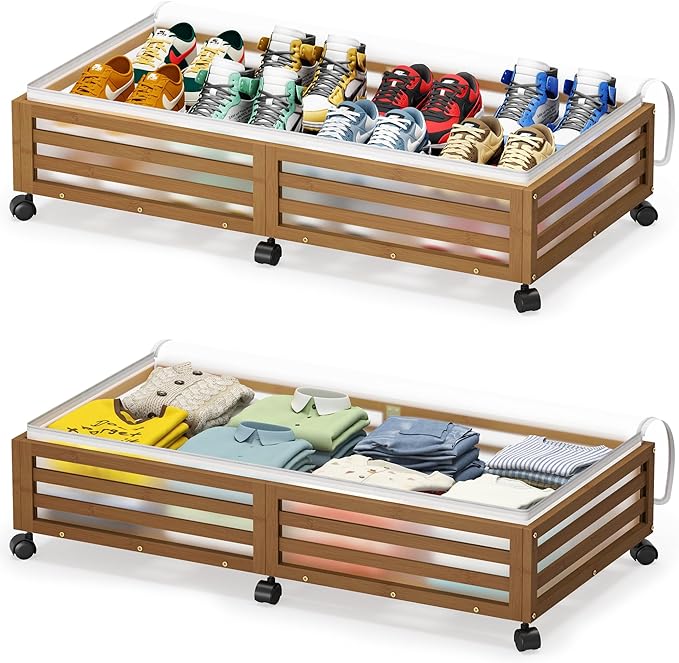 Under Bed Storage Containers With Wheels - 2 Pcs Large Bamboo Wood Rolling Underbed Shoe Storage Bins With Dust Bags for Clothes Blankets, Duvet Covers Snacks Toys (Walnut)