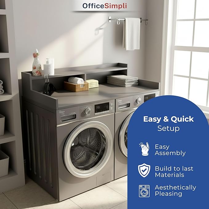 OfficeSimpli Large Washer Dryer Countertop with Shelf - 30 x 58 Inch - Made in USA Laundry Countertop Over Washer and Dryer with Non-Slip Pads, Storage Shelf, Laundry Topper Organizer, Grey