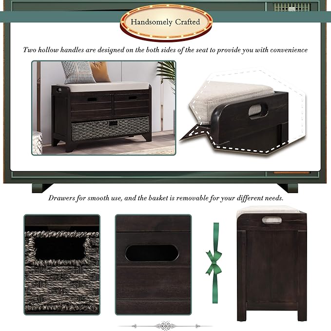 SOFTSEA Storage Bench Upholstered Storage Ottoman with Removable Basket and 2 Drawers, Farmhouse Shoe Bench with Seat Cushion, Full Assembled, Espresso